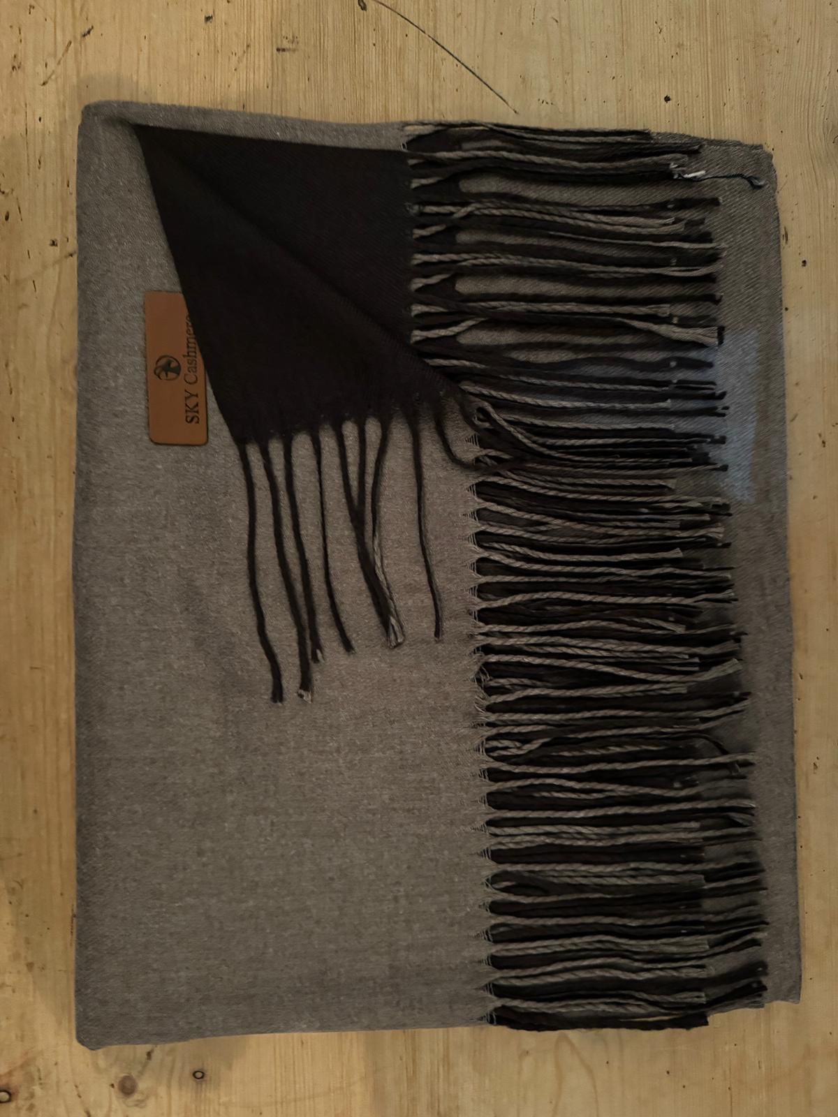Black and grey cashmere scarf.